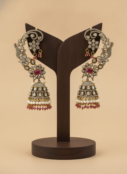 Gold Plated Polki Floral Ear Cuff Jhumka Earrings with Ruby Pink Stones – Wedding & Festive Wear