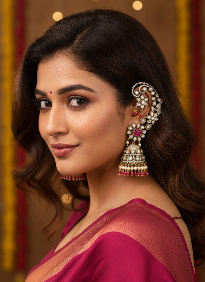 Gold Plated Polki Floral Ear Cuff Jhumka Earrings with Ruby Pink Stones – Wedding & Festive Wear