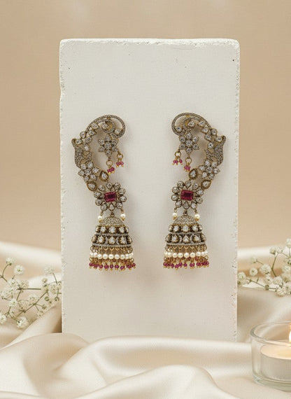 Gold Plated Polki Floral Ear Cuff Jhumka Earrings with Ruby Pink Stones – Wedding & Festive Wear