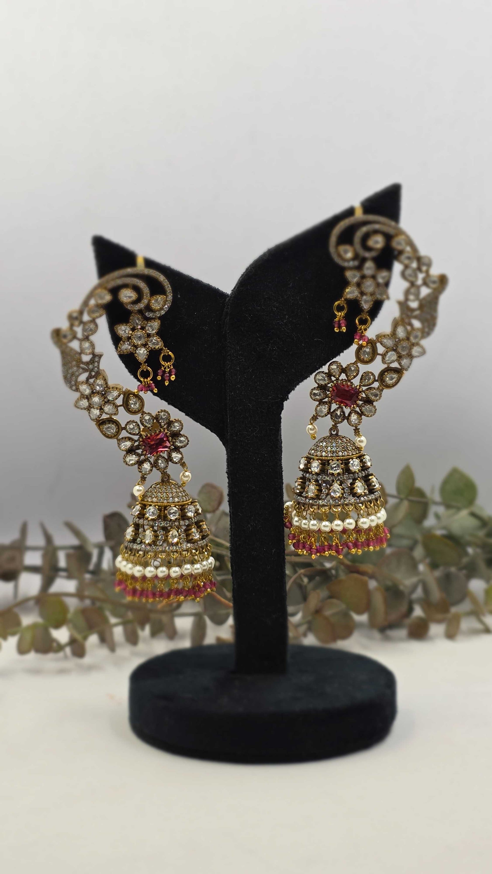 Gold Plated Polki Floral Ear Cuff Jhumka Earrings with Ruby Pink Stones – Wedding & Festive Wear