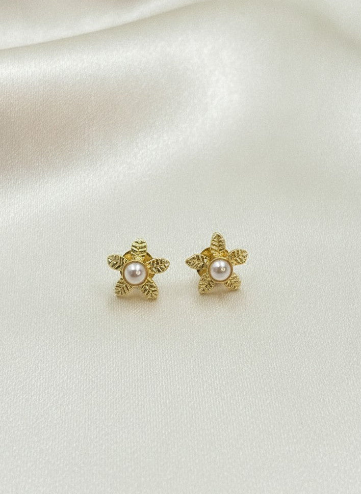 Gold Plated Textured Floral Blossom Pearl Stud Earrings for Women - Everyday Wear