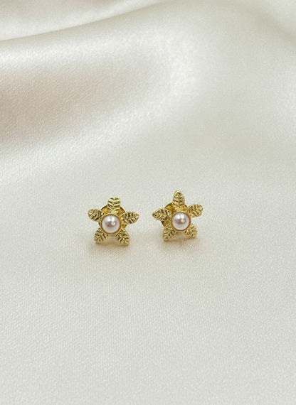 Gold Plated Textured Floral Blossom Pearl Stud Earrings for Women - Everyday Wear