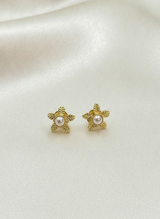 Gold Plated Textured Floral Blossom Pearl Stud Earrings for Women - Everyday Wear