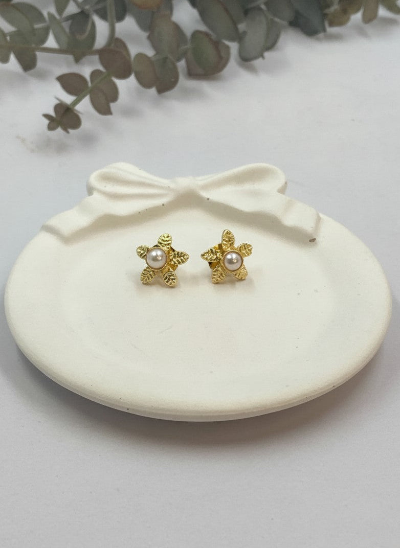 Gold Plated Textured Floral Blossom Pearl Stud Earrings for Women - Everyday Wear