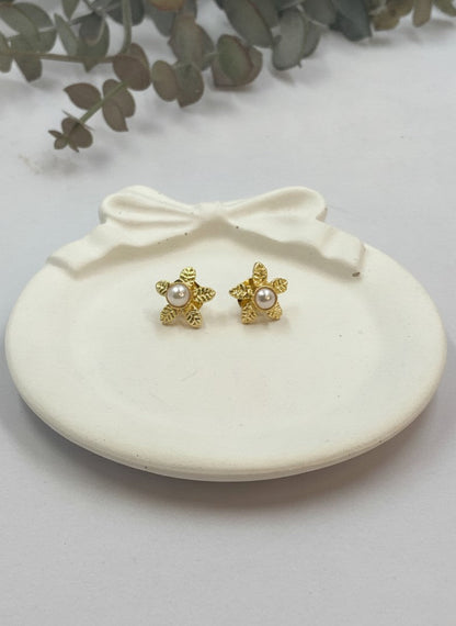 Gold Plated Textured Floral Blossom Pearl Stud Earrings for Women - Everyday Wear