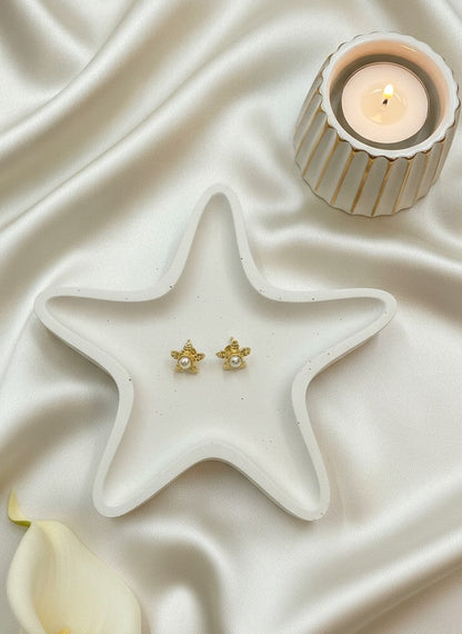 Gold Plated Textured Floral Blossom Pearl Stud Earrings for Women - Everyday Wear