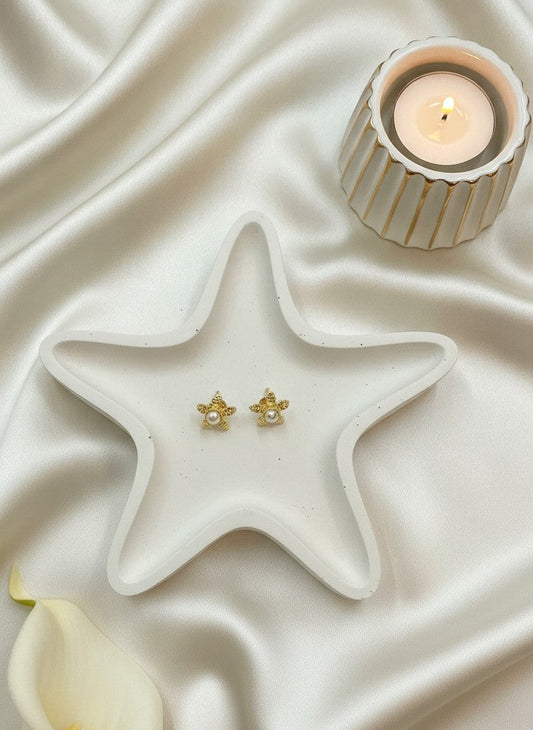Gold Plated Textured Floral Blossom Pearl Stud Earrings for Women - Everyday Wear
