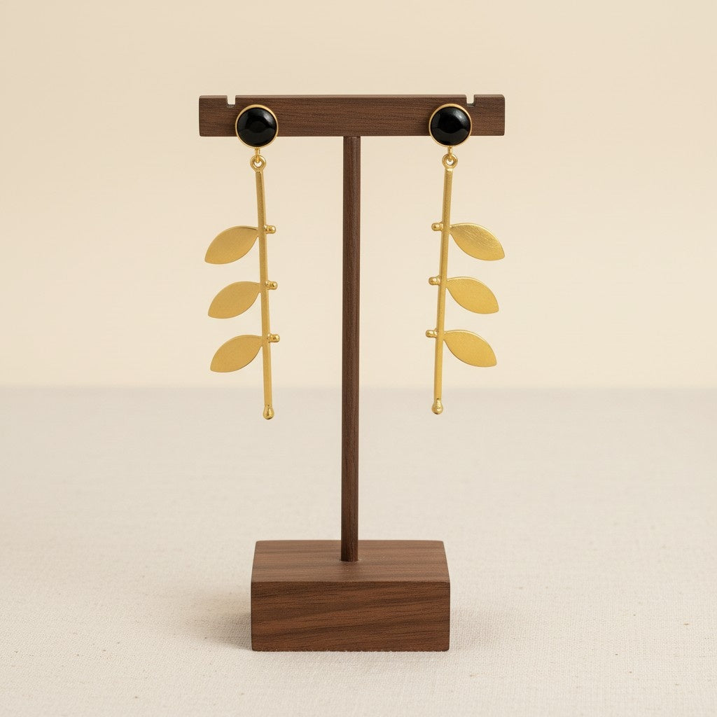 Gold Plated Trendy Leaf Danglers with Black Monalisa Stone for Women - Western Wear