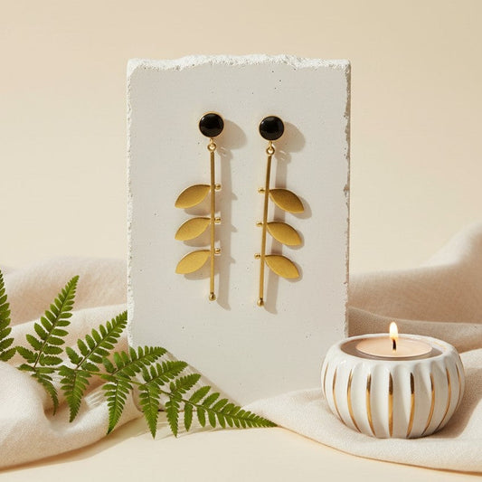Gold Plated Trendy Leaf Danglers with Black Monalisa Stone for Women - Western Wear