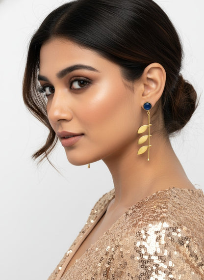Gold Plated Trendy Leaf Danglers with Blue Monalisa Stone for Women - Chic Western Wear