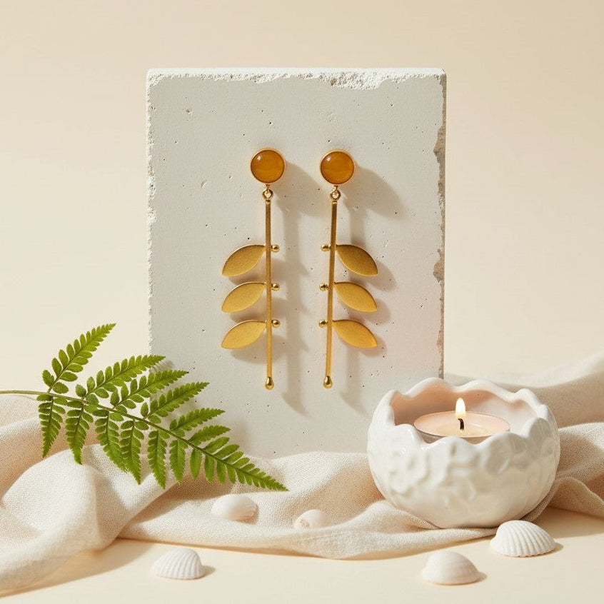 Gold Plated Trendy Leaf Danglers with Monalisa Stone for Women - Western Chic Wear 