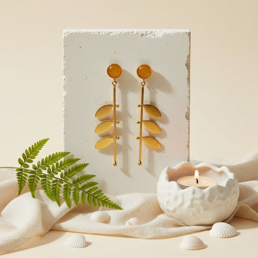 Gold Plated Trendy Leaf Danglers with Monalisa Stone for Women - Western Chic Wear 