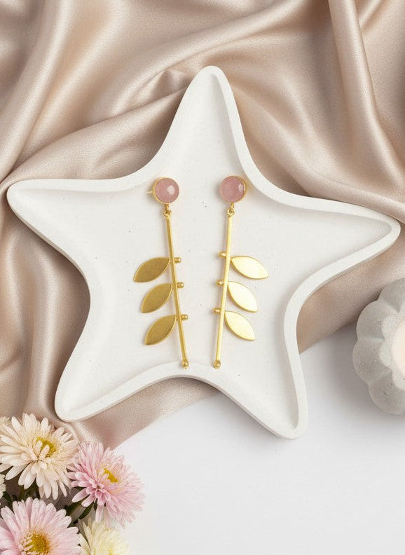 Gold Plated Trendy Leaf Danglers with Pink Monalisa Stone for Women - Chic Western Wear
