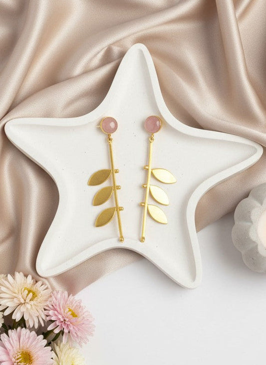 Gold Plated Trendy Leaf Danglers with Pink Monalisa Stone for Women - Chic Western Wear