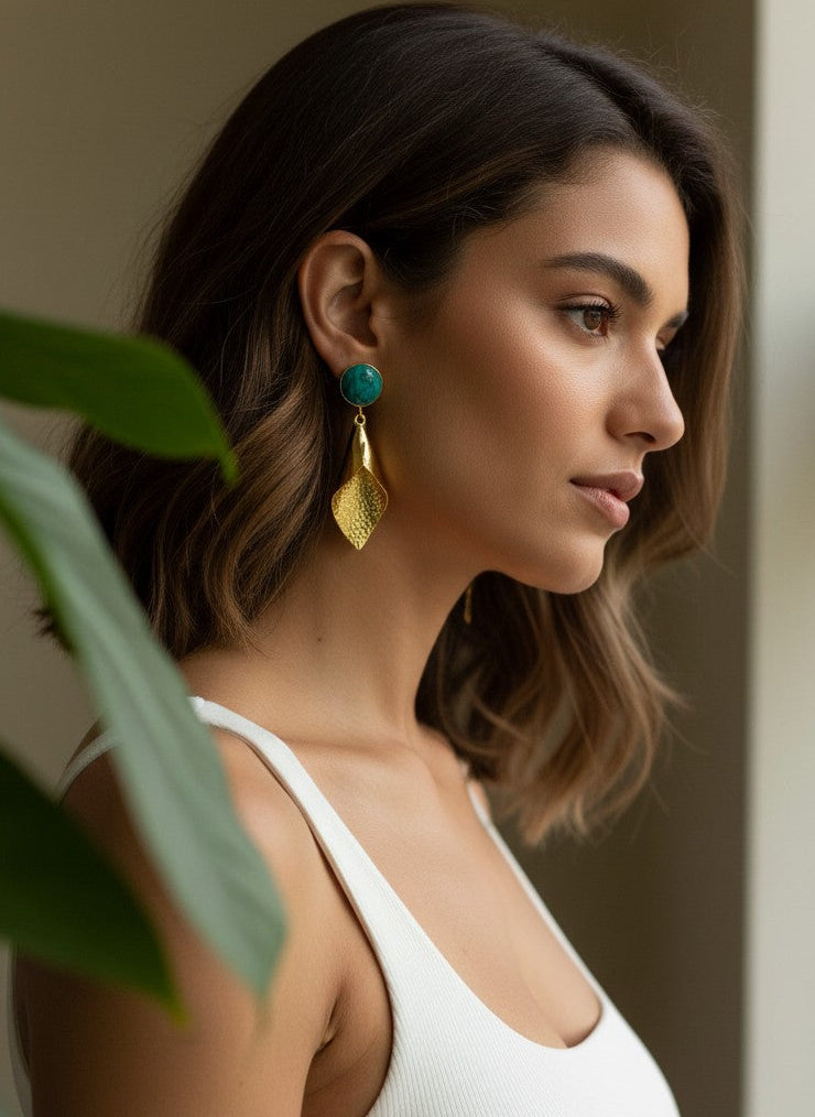 Model wearing Gold & Turquoise Drop Earrings – Versatile Day-to-Night Statement