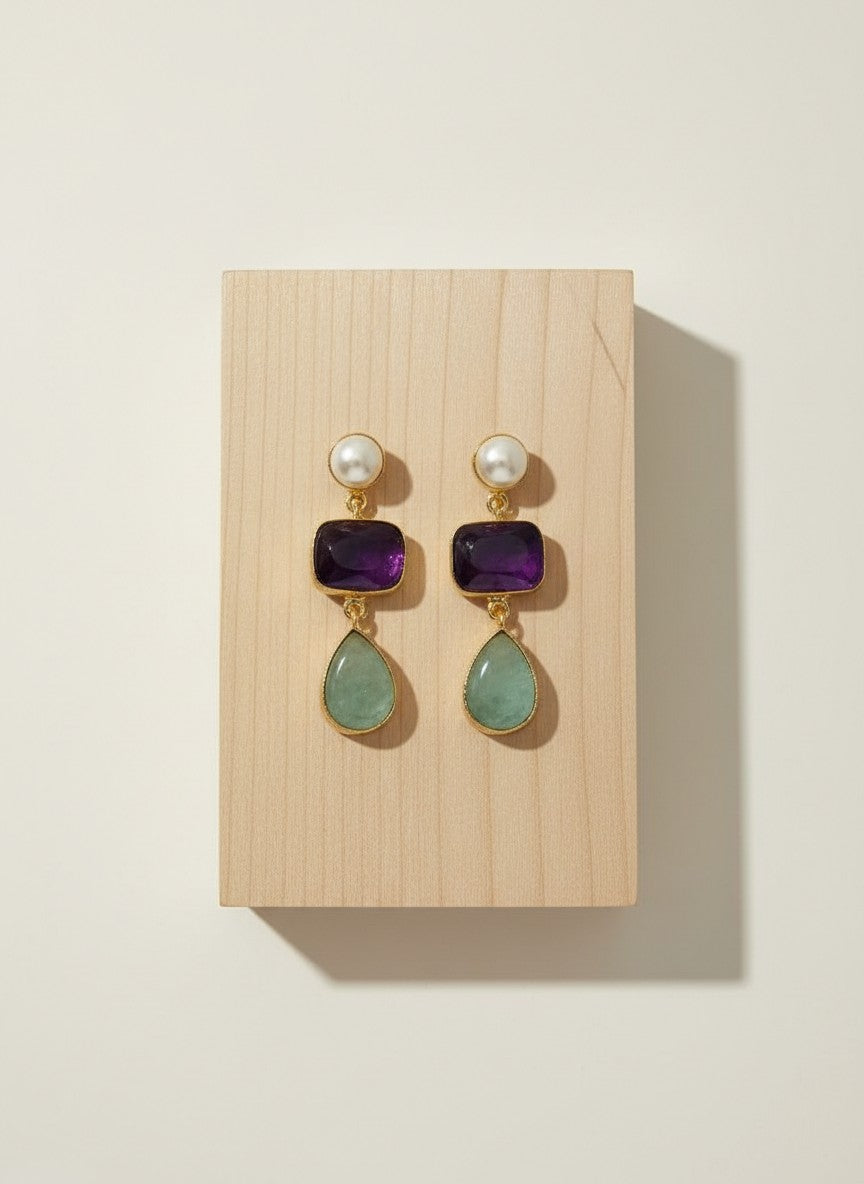 Green Aventurine & Amethyst Pearl Gold Drop Dangler Earrings for Women - Party & Special 