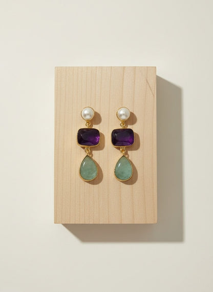 Green Aventurine & Amethyst Pearl Gold Drop Dangler Earrings for Women - Party & Special 