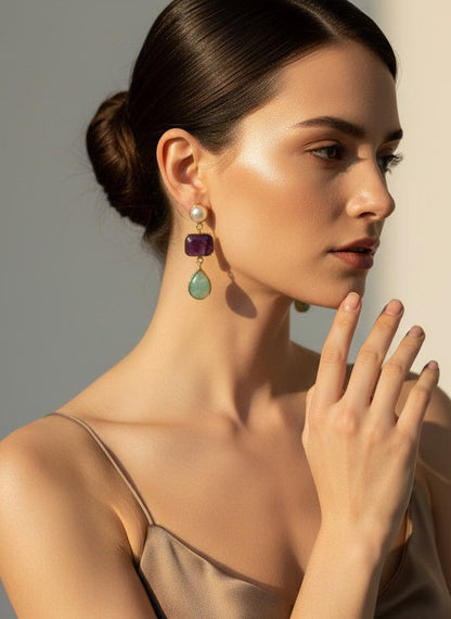 Green Aventurine & Amethyst Pearl Gold Drop Dangler Earrings for Women - Party & Special 