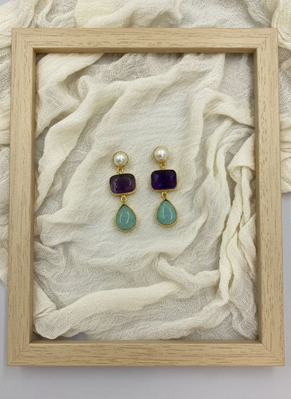 Green Aventurine & Amethyst Pearl Gold Drop Dangler Earrings for Women - Party & Special 