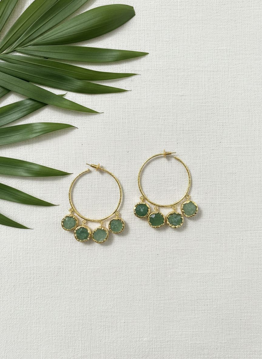 Green Aventurine Charm Gold Hoop Earrings for Women - All Occasion wear