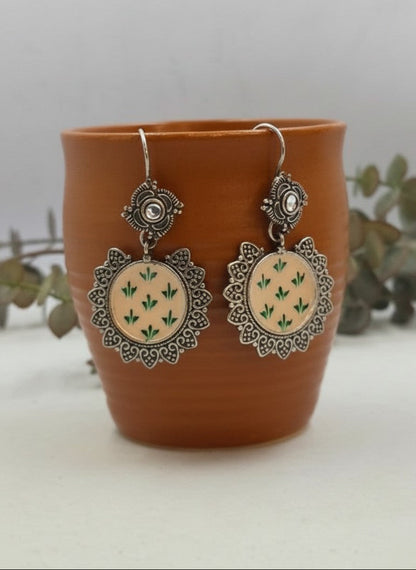 Hand-Painted Enamel Ivory Leaf Motif Hook Earrings for Women - All Occasions