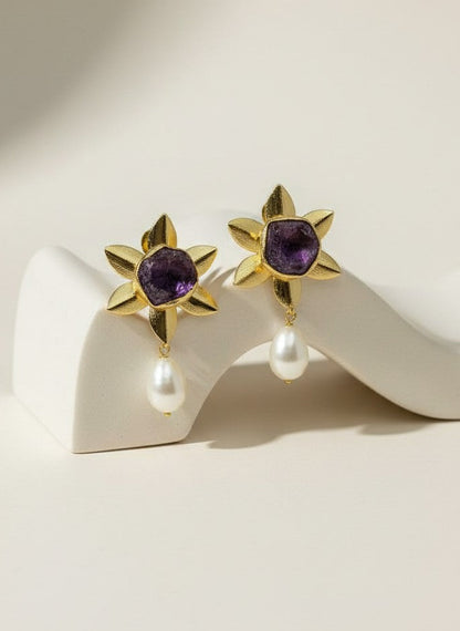 Handcrafted 18k Gold Plated Amethyst Natural Stones Floral Studs with Pearl Drops for Women - Versatile Statement Jewelry for all Occasions