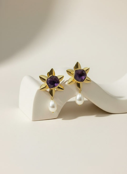 Handcrafted 18k Gold Plated Amethyst Natural Stones Floral Studs with Pearl Drops for Women - Versatile Statement Jewelry for all Occasions