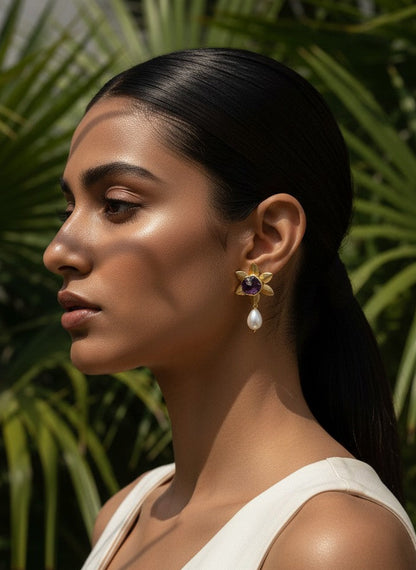 Handcrafted 18k Gold Plated Amethyst Natural Stones Floral Studs with Pearl Drops for Women - Versatile Statement Jewelry for all Occasions