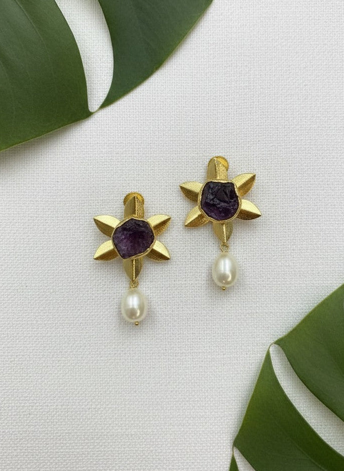 Handcrafted 18k Gold Plated Amethyst Natural Stones Floral Studs with Pearl Drops for Women - Versatile Statement Jewelry for all Occasions
