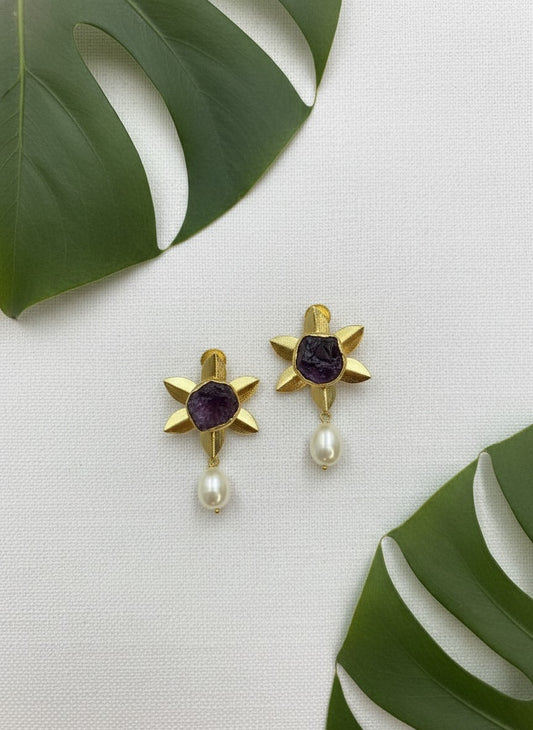 Handcrafted 18k Gold Plated Amethyst Natural Stones Floral Studs with Pearl Drops for Women - Versatile Statement Jewelry for all Occasions