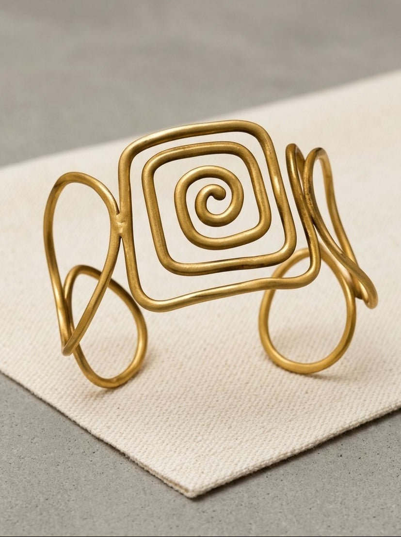 Handcrafted Abstract Pure Brass Spiral Wire Cuff Bracelet for Women - Statement Piece
