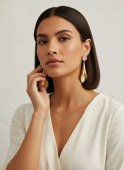 Handcrafted Gold Drop Earrings with Rose Quartz Natural Stones Accent for Women - Versatile Day to Night Statement Wear