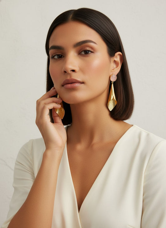 Handcrafted Gold Drop Earrings with Rose Quartz Natural Stones Accent for Women - Versatile Day to Night Statement Wear