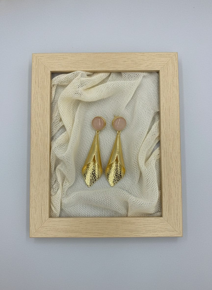 Handcrafted Gold Drop Earrings with Rose Quartz Natural Stones Accent for Women - Versatile Day to Night Statement Wear