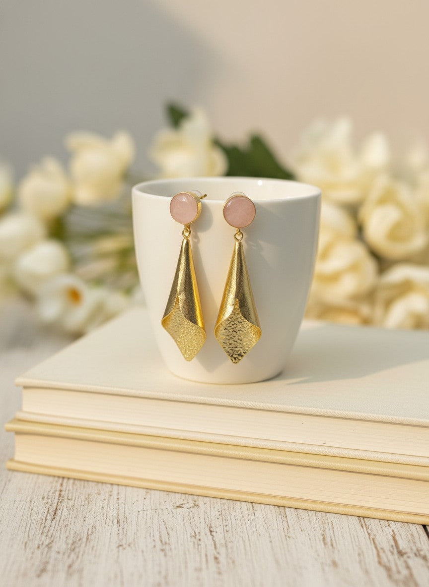 Handcrafted Gold Drop Earrings with Rose Quartz Natural Stones Accent for Women - Versatile Day to Night Statement Wear