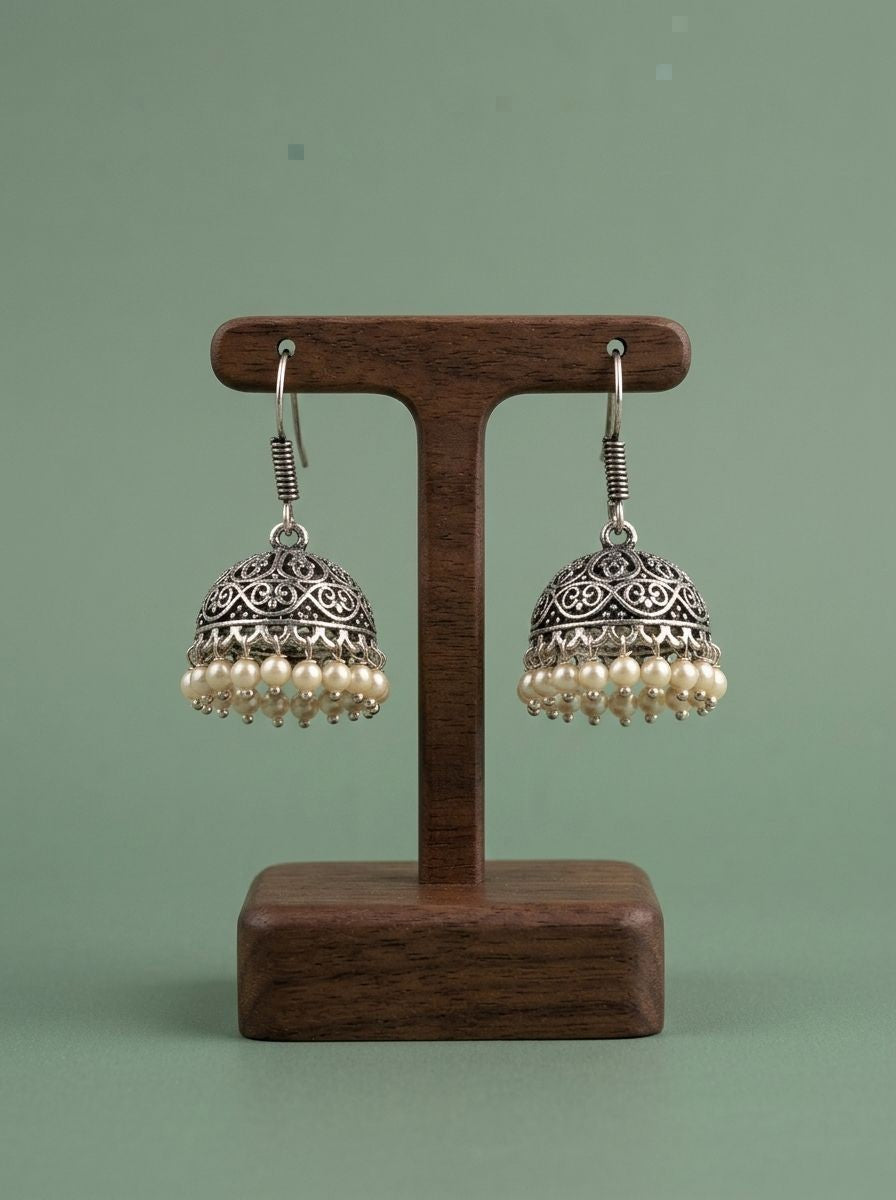 Handcrafted Silver Oxidized Dome Jhumka Earrings with Pearl Drops for Women – Ethnic Wear