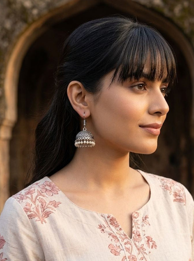 Handcrafted Silver Oxidized Dome Jhumka Earrings with Pearl Drops for Women – Ethnic Wear