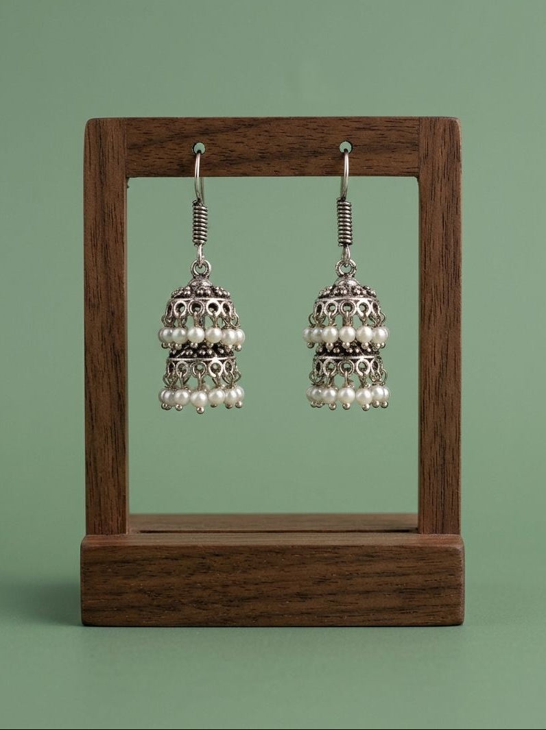 Handcrafted Silver Oxidized Double Layer Jhumka Earrings with Pearl Drops for Women – Ethnic Wear