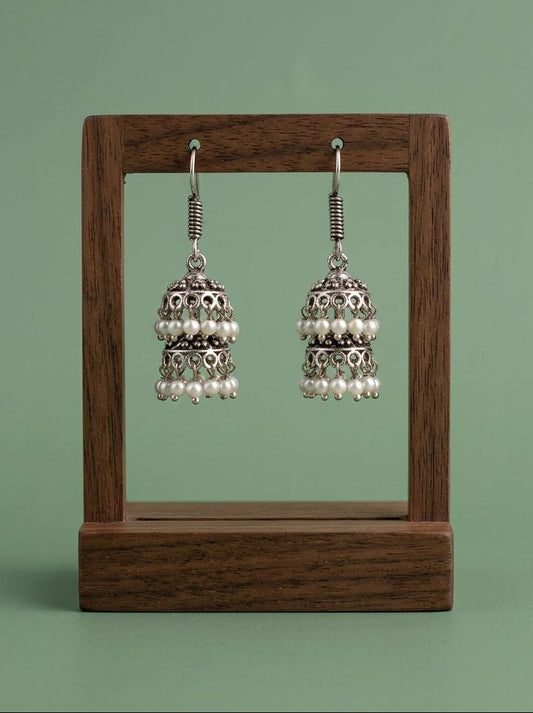 Handcrafted Silver Oxidized Double Layer Jhumka Earrings with Pearl Drops for Women – Ethnic Wear