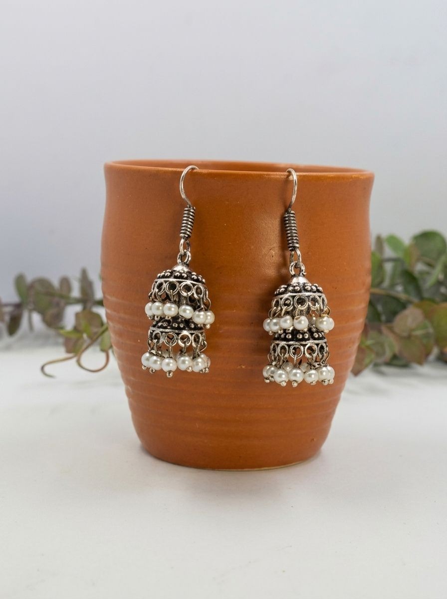 Handcrafted Silver Oxidized Double Layer Jhumka Earrings with Pearl Drops for Women – Ethnic Wear
