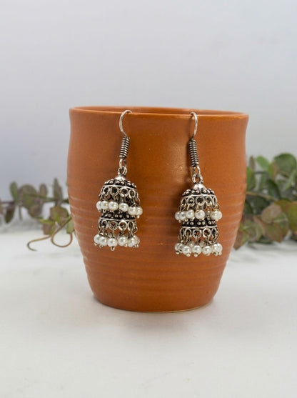 Handcrafted Silver Oxidized Double Layer Jhumka Earrings with Pearl Drops for Women – Ethnic Wear