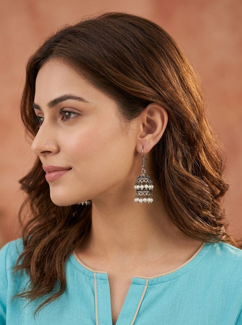 Handcrafted Silver Oxidized Double Layer Jhumka Earrings with Pearl Drops for Women – Ethnic Wear