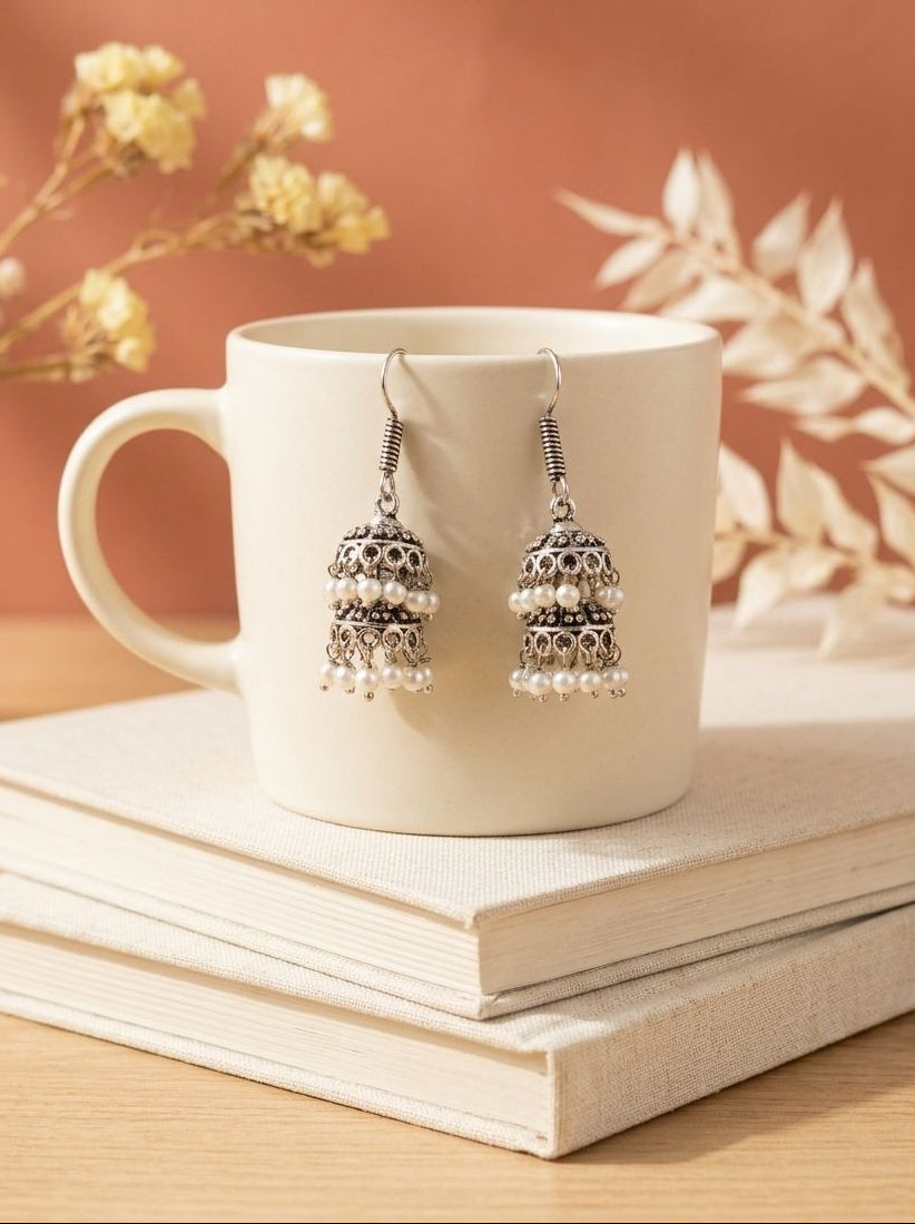 Handcrafted Silver Oxidized Double Layer Jhumka Earrings with Pearl Drops for Women – Ethnic Wear