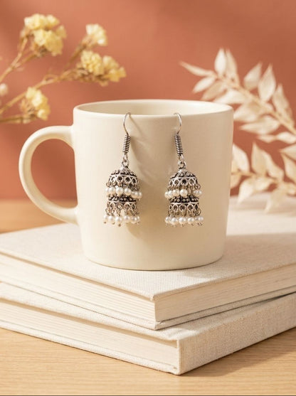 Handcrafted Silver Oxidized Double Layer Jhumka Earrings with Pearl Drops for Women – Ethnic Wear