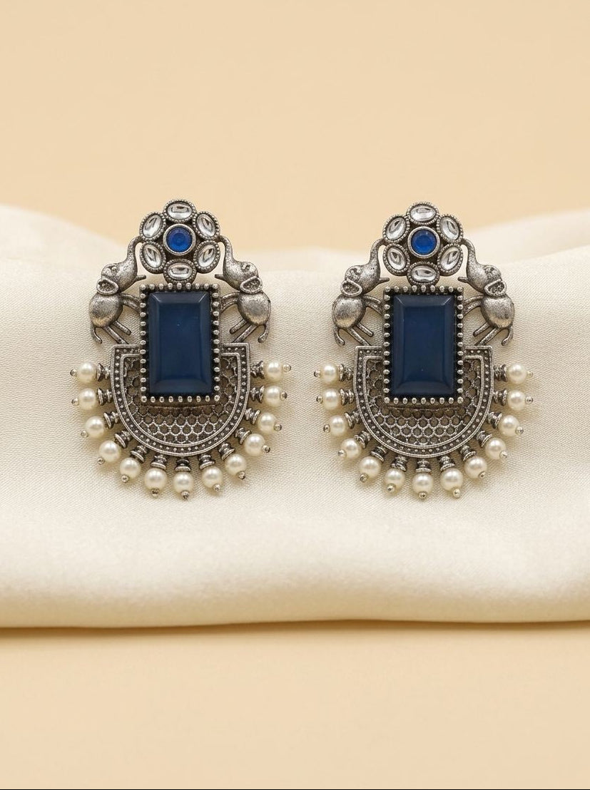 Handcrafted Silver Oxidized Elephant Motif Blue Monalisa Stone Earrings with Pearl Embellishment for Women - Ethnic Wear