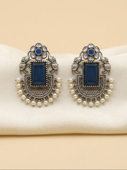 Handcrafted Silver Oxidized Elephant Motif Blue Monalisa Stone Earrings with Pearl Embellishment for Women - Ethnic Wear