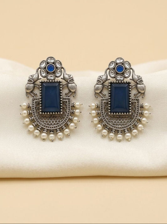 Handcrafted Silver Oxidized Elephant Motif Blue Monalisa Stone Earrings with Pearl Embellishment for Women - Ethnic Wear
