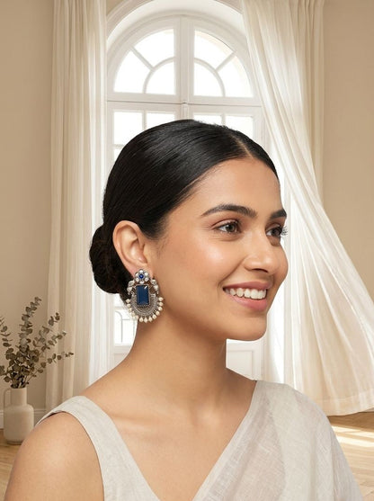 Handcrafted Silver Oxidized Elephant Motif Blue Monalisa Stone Earrings with Pearl Embellishment for Women - Ethnic Wear
