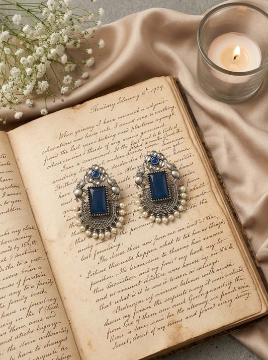 Handcrafted Silver Oxidized Elephant Motif Blue Monalisa Stone Earrings with Pearl Embellishment for Women - Ethnic Wear