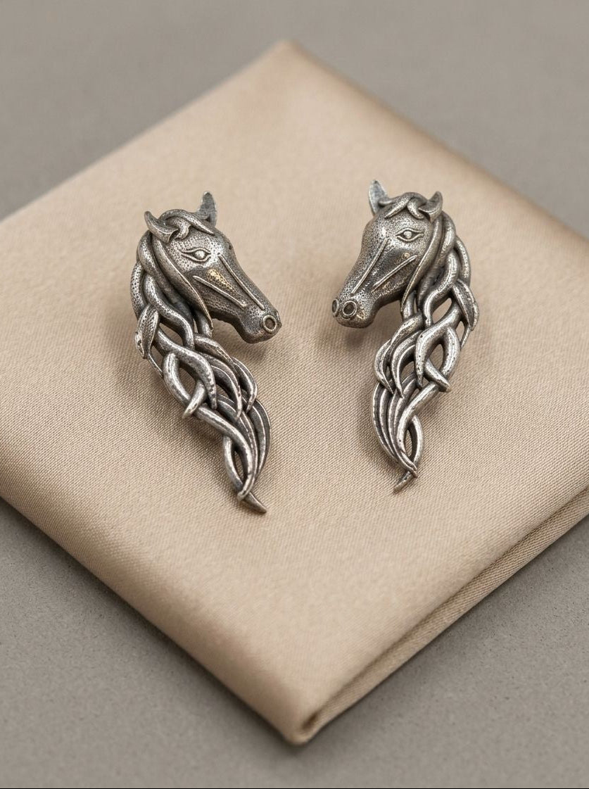 Handcrafted Silver Oxidized Horse Motif Statement Earrings for Women – Contemporary Wear
